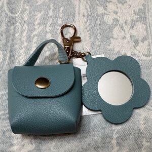 Baby blue mini bag keychain with flower mirror NWT